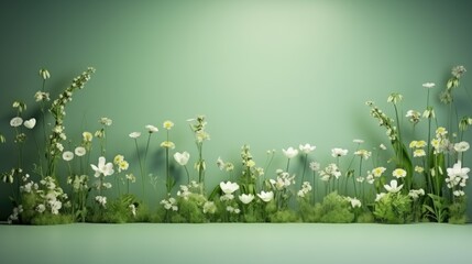  a green background with white flowers and green grass in the foreground and a light green background with white flowers and green grass in the middle of the foreground.  generative ai