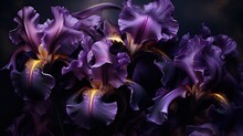  A Bunch Of Purple Flowers Sitting On Top Of A Black Table Next To A Vase With A Purple Flower In The Middle Of The Picture On A Black Background Is A Dark Background.  Generative Ai