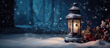  A Lighted Lantern In The Snow With A Christmas Tree In The Foreground And A Christmas Tree In The Background.