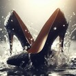 woman heels shoes with water splash on simple background