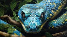  A Painting Of A Blue Snake With Yellow Spots On It's Head Sitting On Top Of A Tree Branch With Green Leaves On The Other Side Of The Picture.  Generative Ai