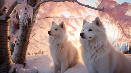 Two white malamute dogs in the snowy woods