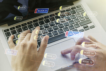 Wall Mural - multi exposure of abstract software development hologram and hands typing on computer keyboard on ba