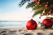 red christmas baubles lying on a tropical beach