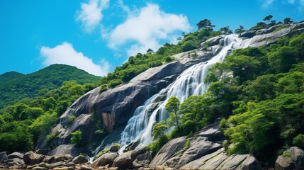 Beautiful alpine waterfall with blue sky and white cumulus clouds. Tropical green tree forest waterfall In the bush, a waterfall is gushing. Abstract nature background Mountain of granite rock.