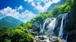 Beautiful alpine waterfall with blue sky and white cumulus clouds. Tropical green tree forest waterfall In the bush, a waterfall is gushing. Abstract nature background Mountain of granite rock.