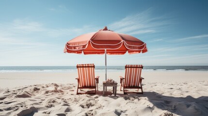 Wall Mural - Red chairs with umbrella on beach