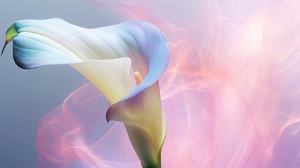 Wall Mural -  a painting of a blue and yellow flower on a blue and pink background with a light pink swirl in the center of the flower, and a green stem in the center of the center of the flower.  generative ai