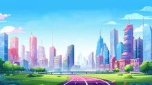 Metropolis, big city road landscape illustration in cartoon style. Scenery background.