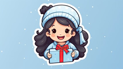 Wall Mural -  a sticker of a girl holding a gift box with a red bow on her head and a blue background with snowflakes and snowflakes on it.  generative ai