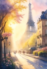 Wall Mural - Old street in Paris. Watercolor style. AI generated illustration