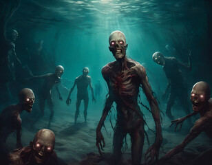 Wall Mural - A crowd of zombies underwater in the sea