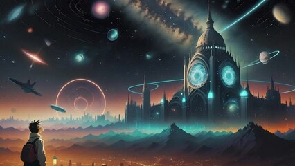 Wall Mural - Futuristic cosmic animation with deep space, galaxy, and futuristic cityscape on planet. Bright cosmic animation with illustrations transformations and metamorphose. AI generated cinematic video