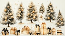  A Painting Of A Group Of Christmas Trees With Presents Wrapped In Brown Paper And Tied With Black Ribbon And Bows, With A White Background Of Pine Trees With Gold.  Generative Ai