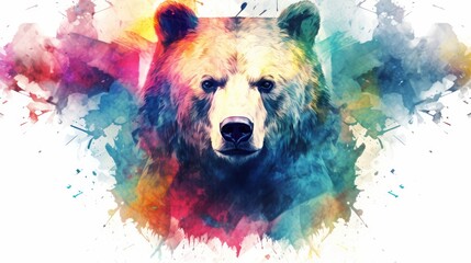 Wall Mural -  a watercolor painting of a bear's head with multicolored paint splattered on it's face and the bear's head is looking to the side.  generative ai