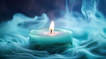  A Close Up Of A Lit Candle On A Blue Background With A Lot Of Smoke Coming Out Of The Top Of The Candle And On The Bottom Of The Candle.  Generative Ai