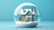  a snow globe with a house in the middle of it and snow on the ground in front of it, and a blue background with white snowing around the edges.  generative ai