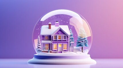 Wall Mural -  a snow globe with a house in the middle of it and a snowman on the roof of the house in the middle of the snow, on a purple and pink background.  generative ai