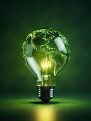 Wall Mural - Renewable Energy.Environmental protection, renewable, sustainable energy sources. The green world map is on a light bulb that represents green energy Renewable energy, Generative AI