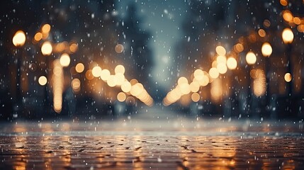 Beautiful blurred street of festive night or evening city with snowfall and Christmas lights. Abstract christmas defocused background, Generative AI