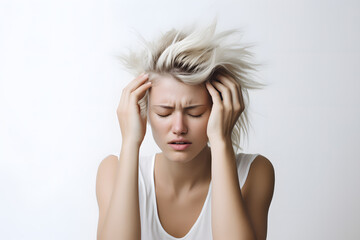 Wall Mural - Young woman holding her head in pain isolated on white background. Migraine 