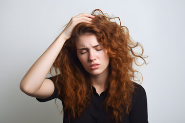 Wall Mural - Young woman holding her head in pain isolated on white background. Migraine 