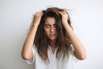 Wall Mural - Young woman holding her head in pain isolated on white background. Migraine 