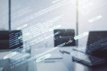 Wall Mural - multi exposure of abstract programming language hologram and modern desk with computer on background