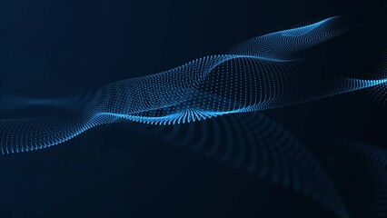 Abstract blue color wave with flowing small particles motion on wave and light abstract background. Technology background.