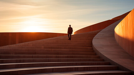 hombre empresario escalando gradas en un amanecer, concepto de crecimiento 