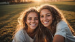 © anandart - Happy diverse friends taking selfie on smartphone on sports ground, space for text