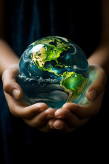 Human hands holding small green earth Globe.Eco concept, earth day