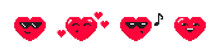 Cute Heart Icons In Pixel Art Style. 8-bit Emoji Icons Set. Pixel Vector Illustration. Loving Characters In Retro Style.