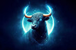A bull with a blue light on its horns, taurus sing in horoscope. ai generative