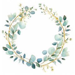 Wall Mural - Watercolor minimalist leaves wreath and flowers concept art