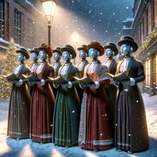 A Scene Depicting A Group Of Humanoid Robots Dressed In Victorian-era Attire, Singing Christmas Carols On A Snowy Street
