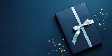 Blue gift box and notebook on dark blue background. Greeting card for businessmen. Generative AI