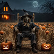 halloween theme creepy scary horror scarecrow with skull head in the smoky dark vibes pumpkins field, horror concept