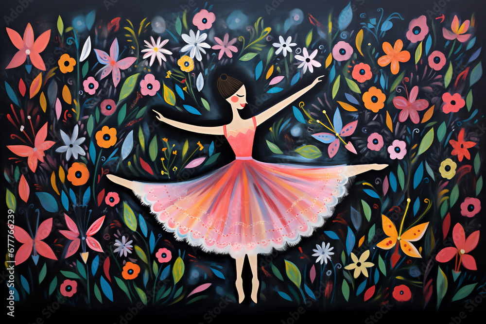Abstract cartoon of a ballerina dancing in a delicate ballet dress ...