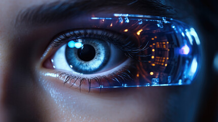 Aufkleber - Closeup shot of woman eyes, Digital holographic headgear in development in the style of holographic digital.