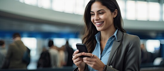 A businesswoman with a white smile holding her blue smartphone looked happy as she interacted with people while waiting at the airport ready to travel the world on the airplane