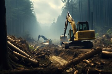 A tropical forest being deforested with machines and tree trunks being felled.