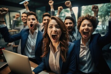 Canvas Print - A group of managers celebrating their success in an office environment.