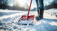 A Person Using A Snow Shovel To Clear Snow From A Path After A Winter Storm. Ai Generative