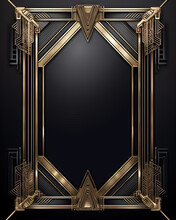 Golden Art Deco Frame With Ornament. Retro Golden Art Deco Or Art Nouveu Frame In Roaring 20s Style. ,.