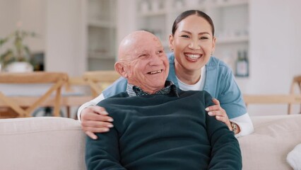 Poster - Face, hug and nurse with old man, love and happiness with retirement, medicare and laughing in lounge. Portrait, caregiver and senior person on a couch, embrace and funny with humor, support and home