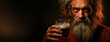 Web banner with space for concept, bearded adult man Leprechaun holding a mug of beer