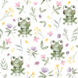 Watercolor seamless pattern with a cute green frog. A frog in a flower garden. Funny amphibian character. Illustration for postcards, posters.
