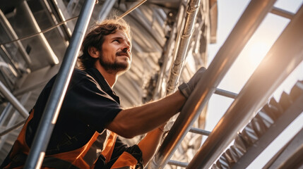 Poster - Construction worker is working at height, Climbing up the ladders.