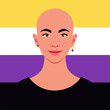 A portrait of a young nonbinary person. LGBTQIA. A pride flag. Vector flat illustration 